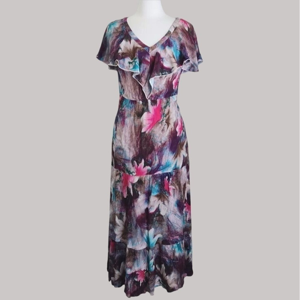 Soft Surroundings Womens Tiered V Neck Maxi Dress Size M Ruffles Floral Tropical
